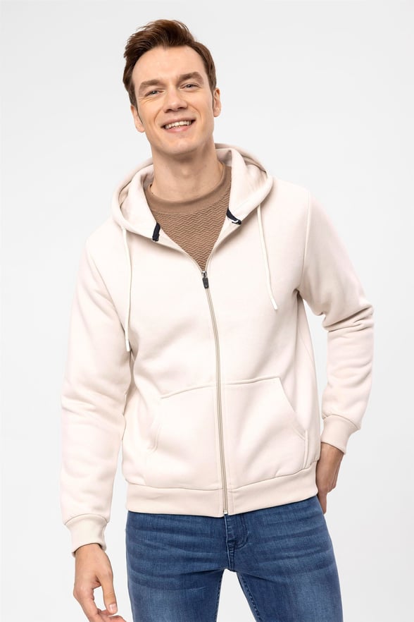 Ekru Regular Düz Kapişonlu Yaka  Sweatshirt