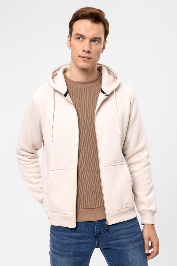 Ekru Regular Düz Kapişonlu Yaka  Sweatshirt