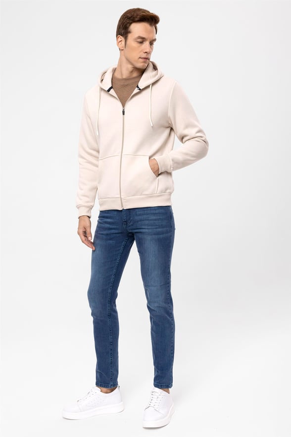 Ekru Regular Düz Kapişonlu Yaka  Sweatshirt
