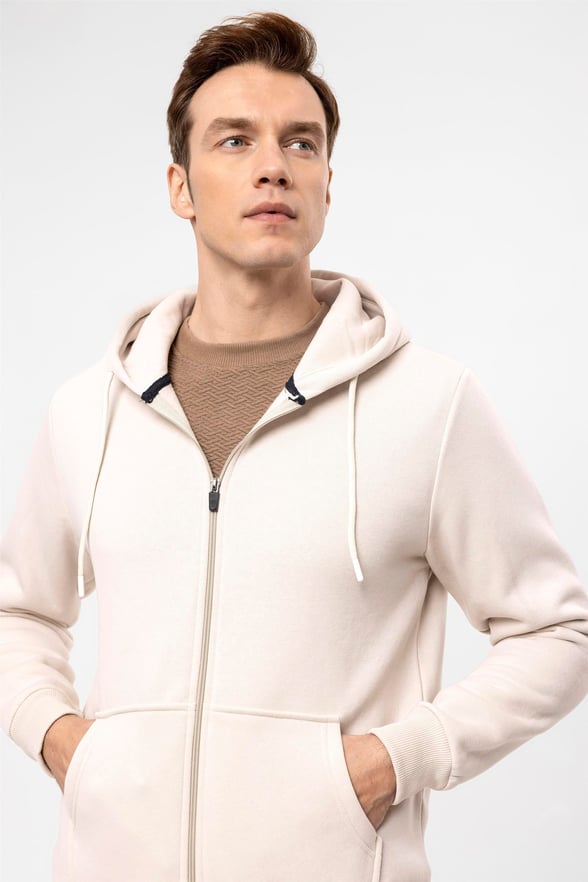 Ekru Regular Düz Kapişonlu Yaka  Sweatshirt