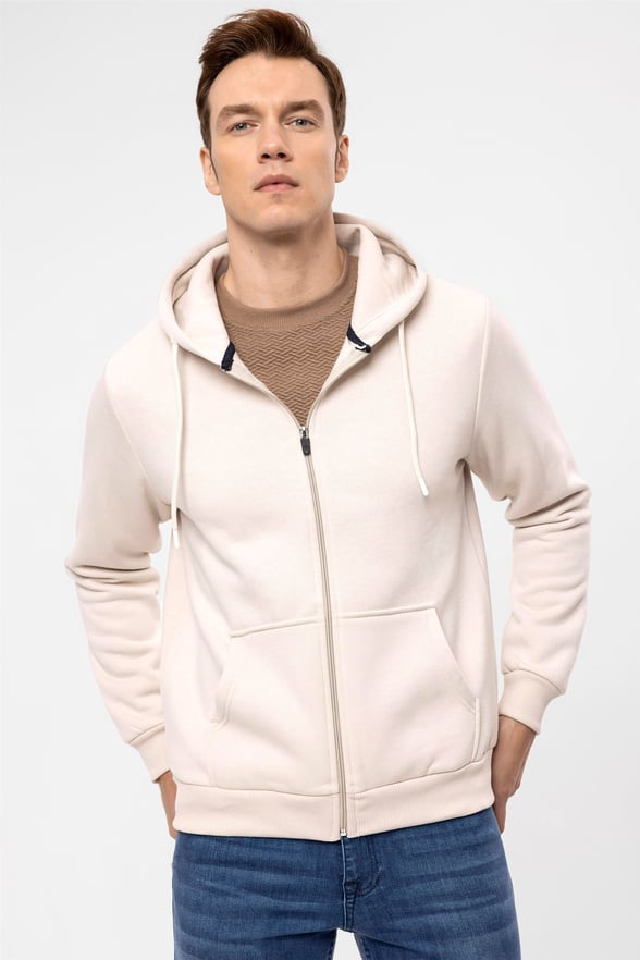 Ekru Regular Düz Kapişonlu Yaka  Sweatshirt