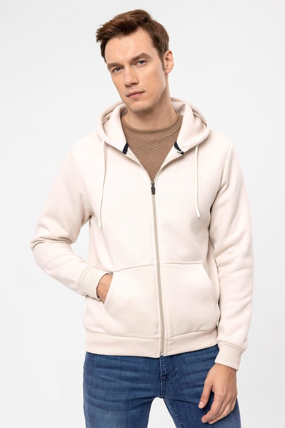 Ekru Regular Düz Kapişonlu Yaka  Sweatshirt