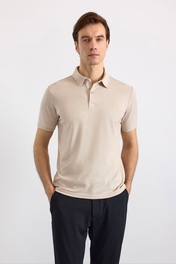Ekru Regular Düz Polo Yaka Tişört