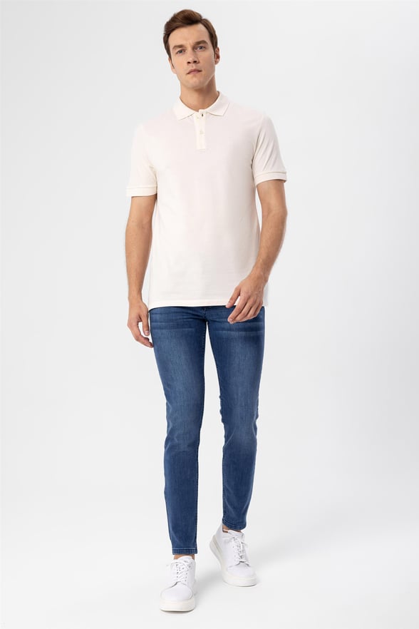 Ekru Slim Armürlü Polo Yaka  Tişört