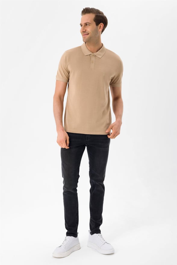 Ekru Slim Armürlü Polo Yaka  Tişört