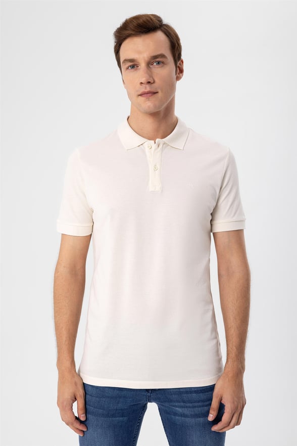 Ekru Slim Armürlü Polo Yaka  Tişört