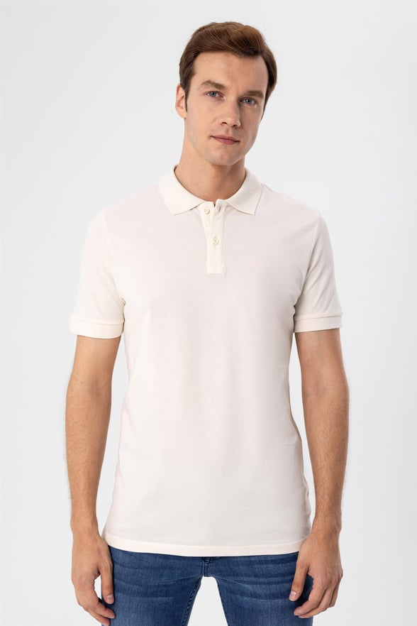 Ekru Slim Armürlü Polo Yaka  Tişört
