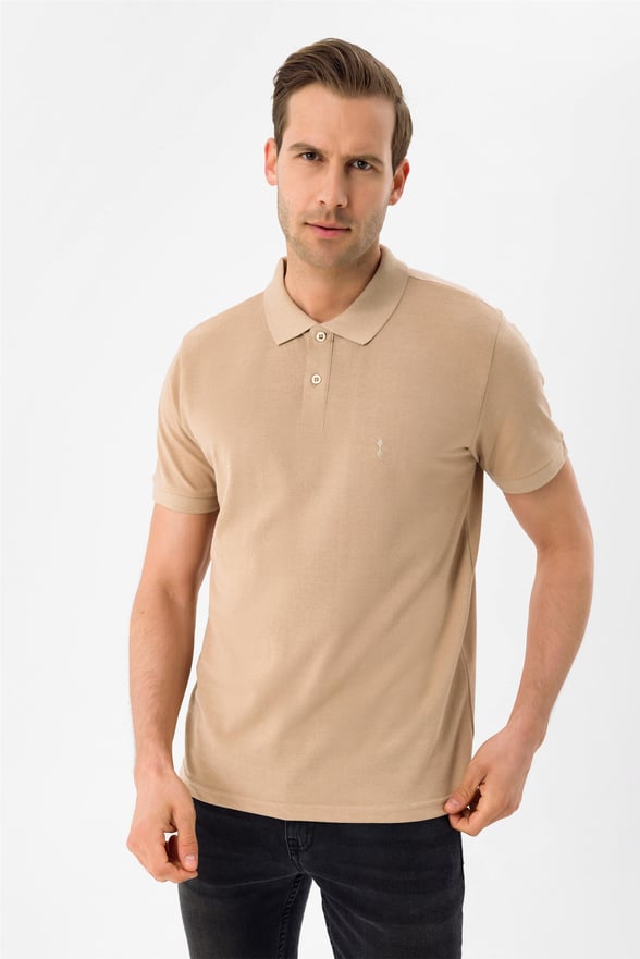 Ekru Slim Armürlü Polo Yaka  Tişört