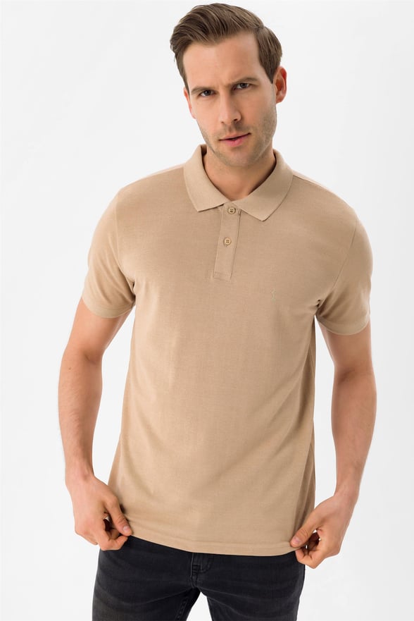 Ekru Slim Armürlü Polo Yaka  Tişört