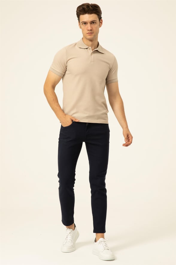 Ekru Slim Armürlü Polo Yaka  Tişört