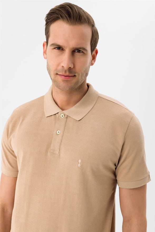 Ekru Slim Armürlü Polo Yaka  Tişört