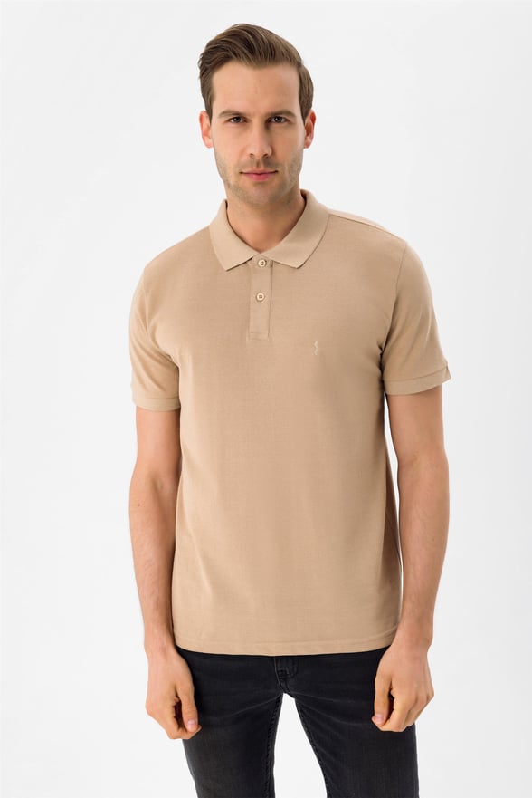 Ekru Slim Armürlü Polo Yaka  Tişört