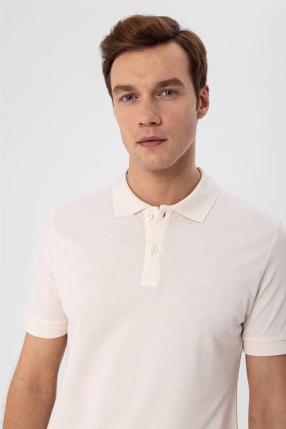 Ekru Slim Armürlü Polo Yaka  Tişört