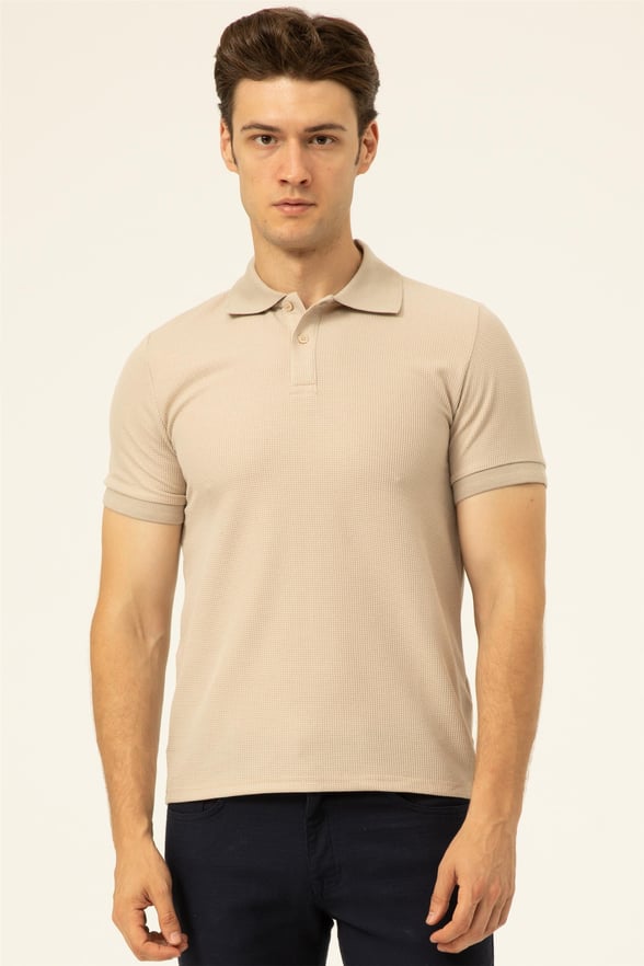Ekru Slim Armürlü Polo Yaka  Tişört