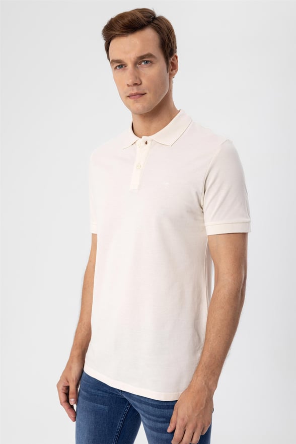 Ekru Slim Armürlü Polo Yaka  Tişört