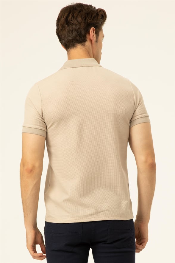 Ekru Slim Armürlü Polo Yaka  Tişört