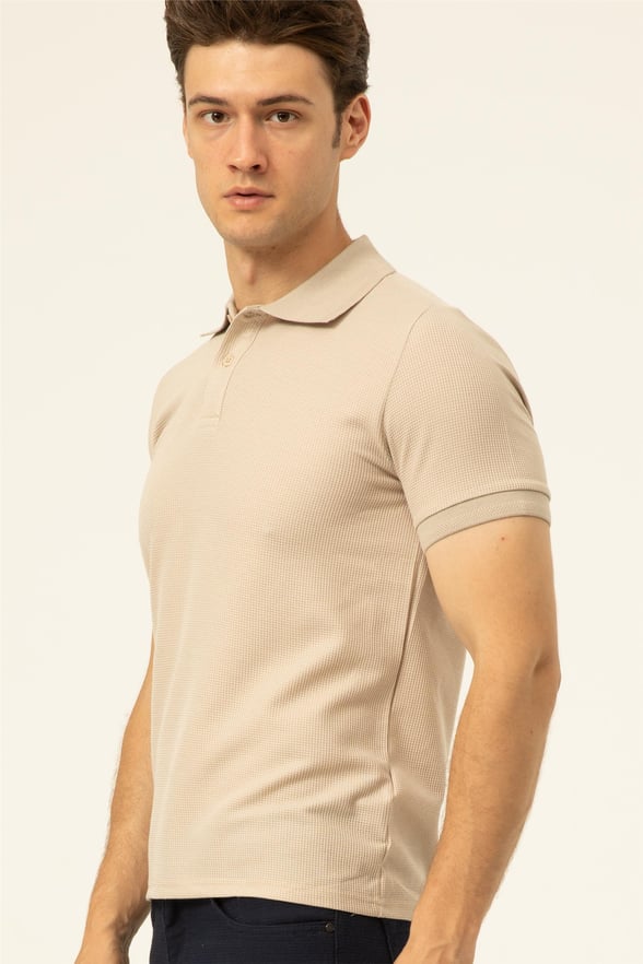 Ekru Slim Armürlü Polo Yaka  Tişört