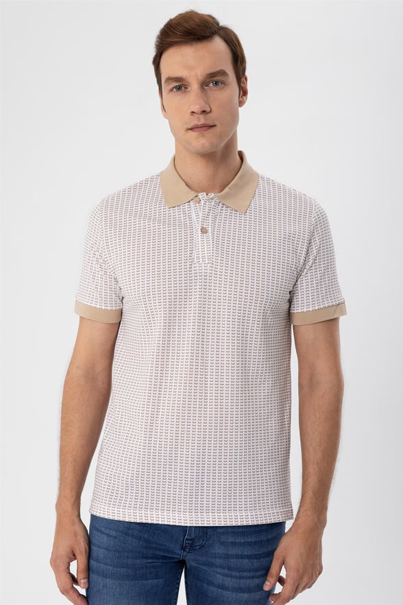 Ekru Slim Baskılı Polo Yaka  Tişört