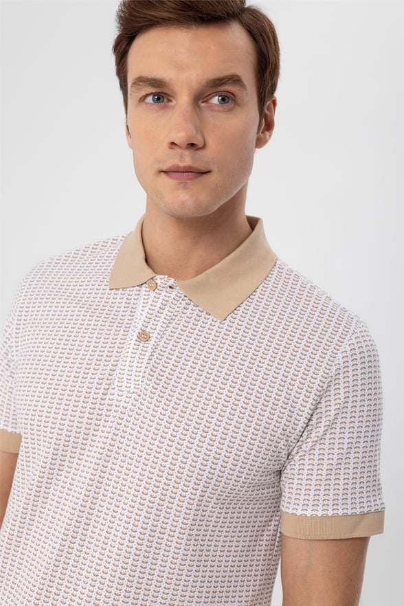 Ekru Slim Baskılı Polo Yaka  Tişört
