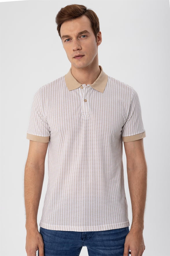 Ekru Slim Baskılı Polo Yaka  Tişört