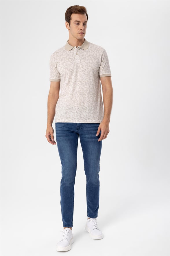 Ekru Slim Baskılı Polo Yaka  Tişört