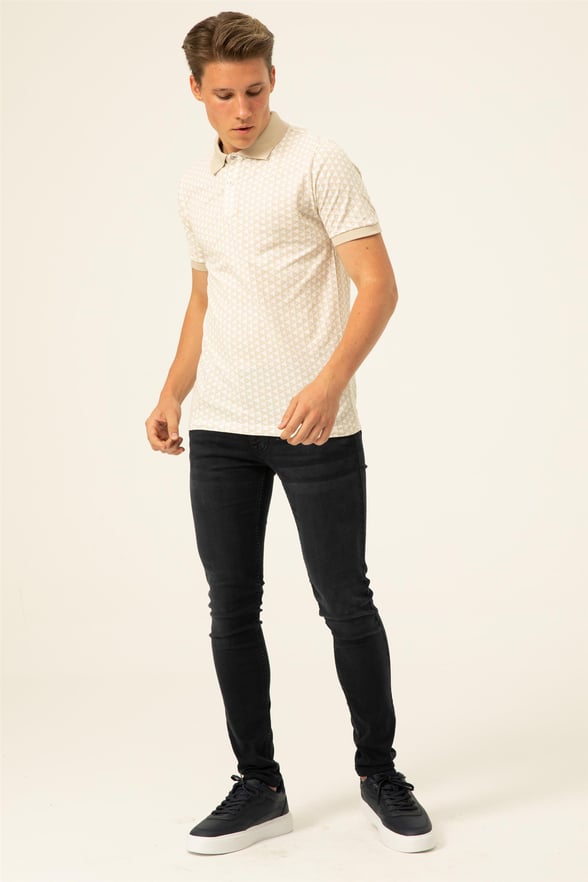 Ekru Slim Baskılı Polo Yaka  Tişört