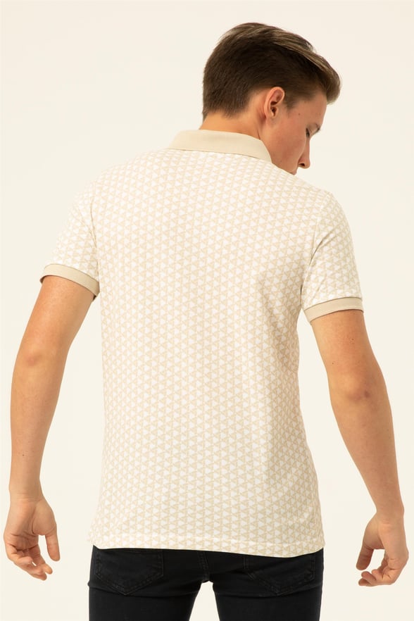 Ekru Slim Baskılı Polo Yaka  Tişört