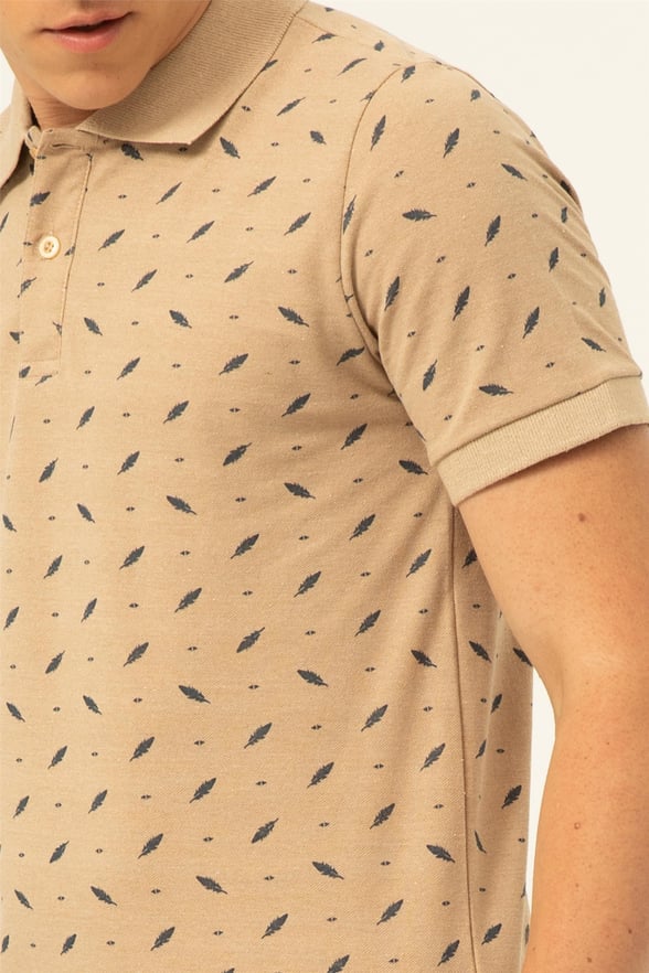 Ekru Slim Baskılı Polo Yaka  Tişört