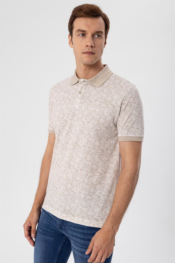 Ekru Slim Baskılı Polo Yaka  Tişört