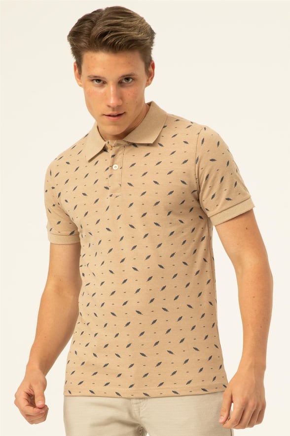 Ekru Slim Baskılı Polo Yaka  Tişört