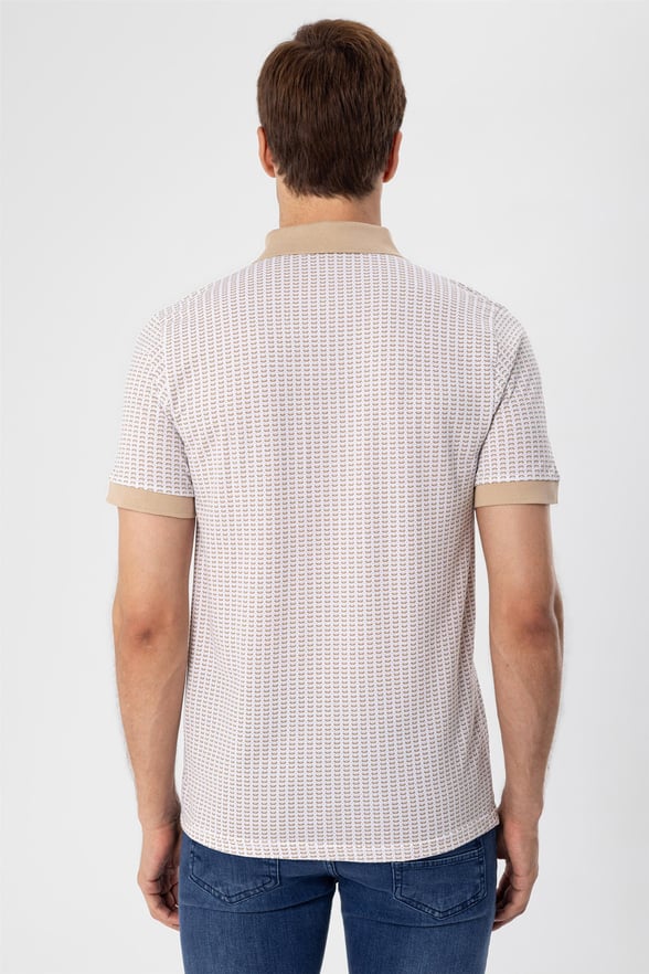 Ekru Slim Baskılı Polo Yaka  Tişört