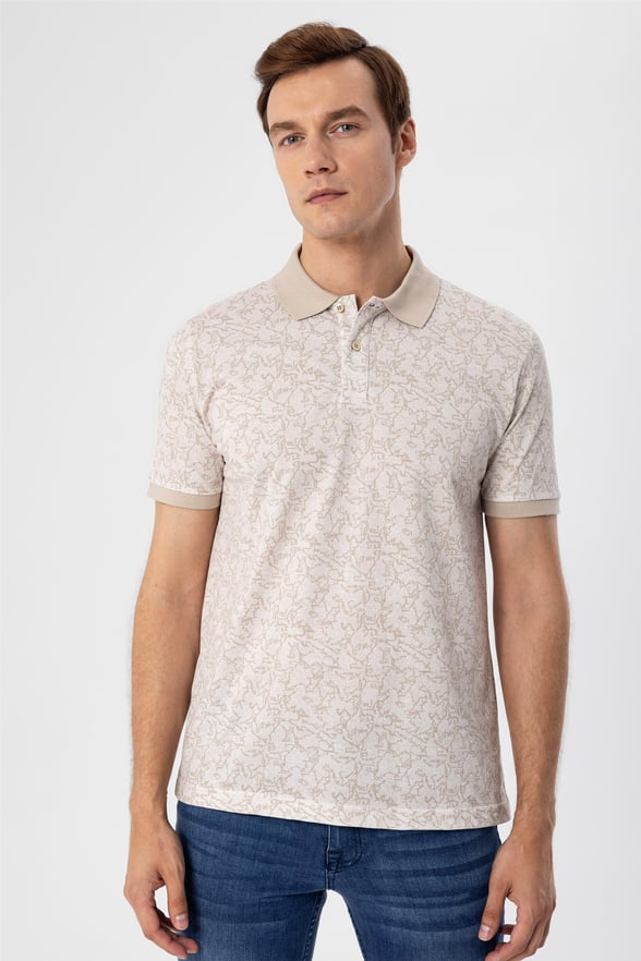Ekru Slim Baskılı Polo Yaka  Tişört
