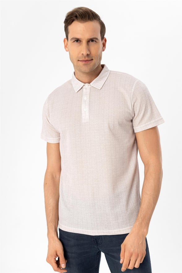 Ekru Slim Baskılı Polo Yaka  Tişört