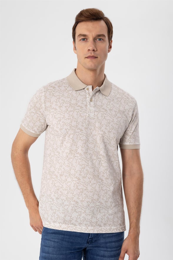 Ekru Slim Baskılı Polo Yaka  Tişört