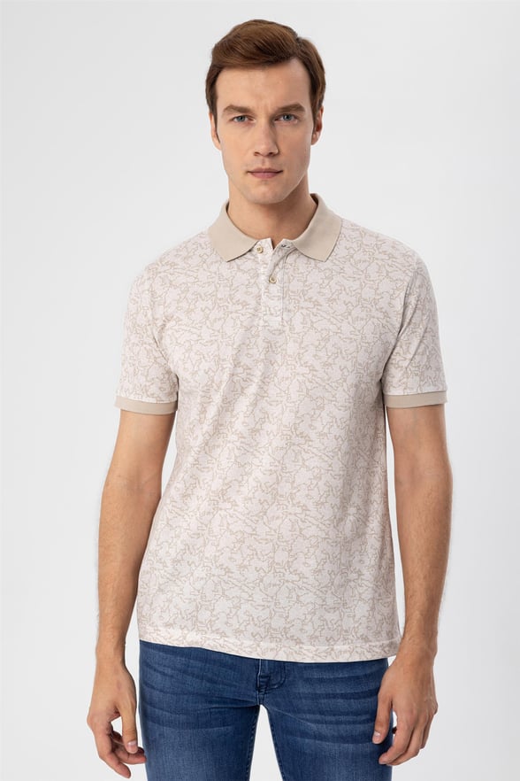 Ekru Slim Baskılı Polo Yaka  Tişört