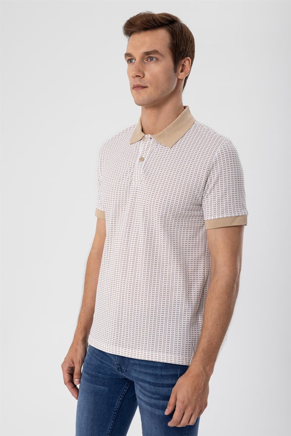 Ekru Slim Baskılı Polo Yaka  Tişört