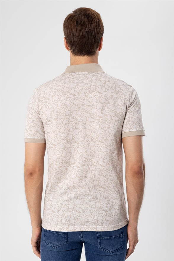 Ekru Slim Baskılı Polo Yaka  Tişört