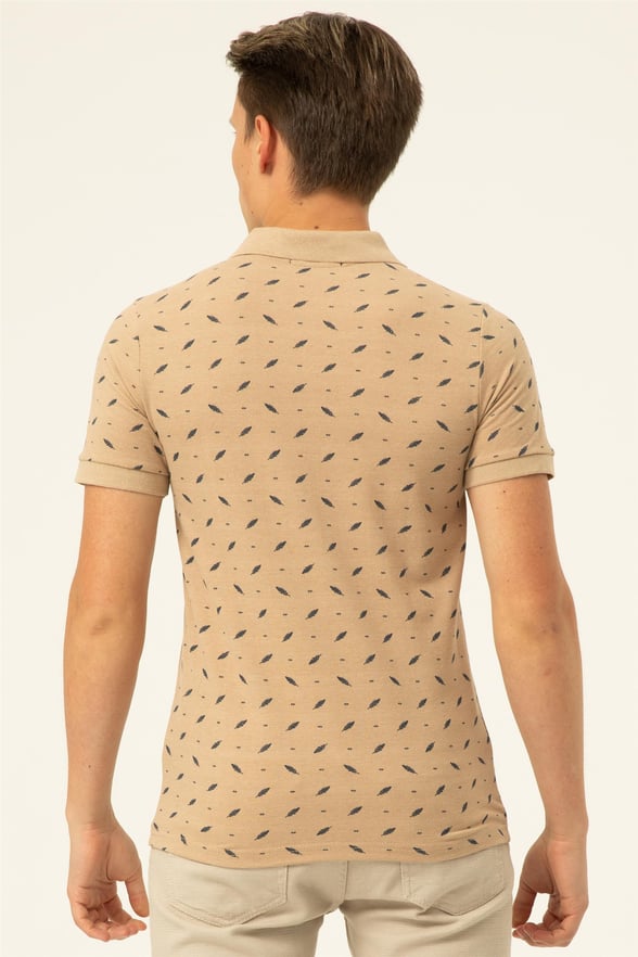 Ekru Slim Baskılı Polo Yaka  Tişört