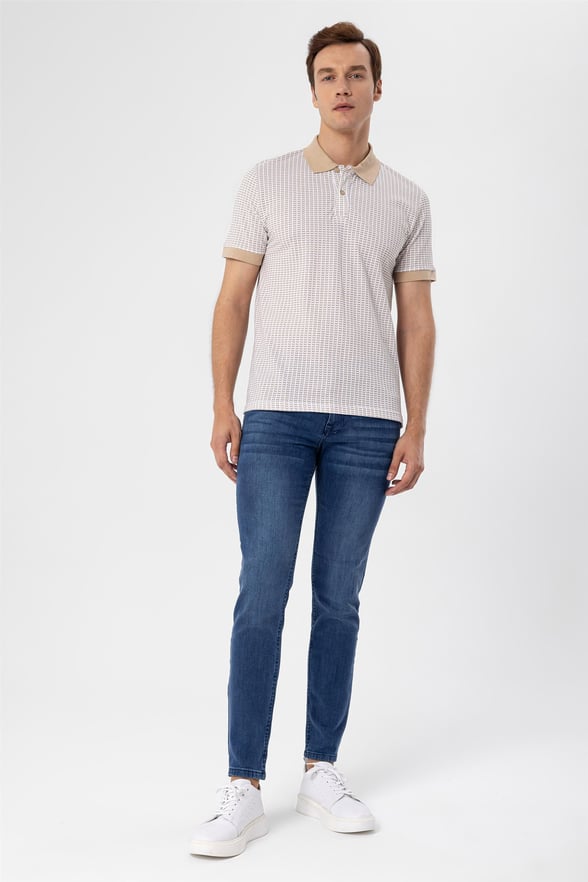 Ekru Slim Baskılı Polo Yaka  Tişört