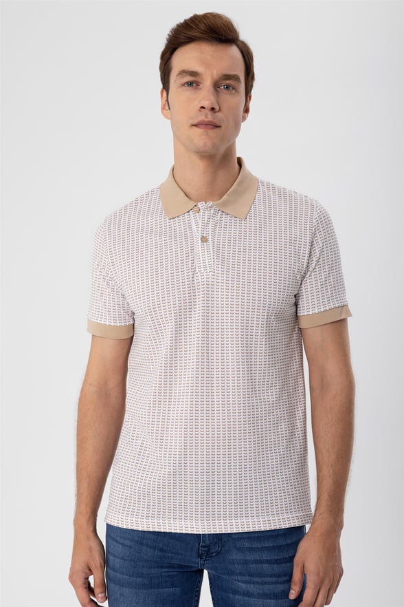 Ekru Slim Baskılı Polo Yaka  Tişört