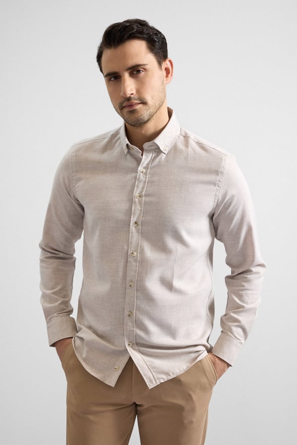 Ekru Slim Düğmeli Yaka Düz Cepsiz Casual Gömlek