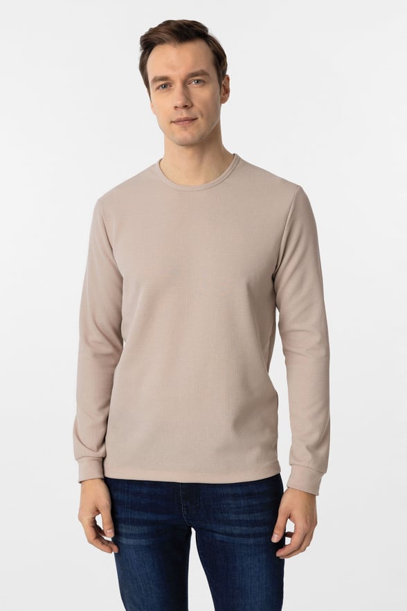Ekru Slim Fit Armürlü Bisiklet Yaka Sweatshirt
