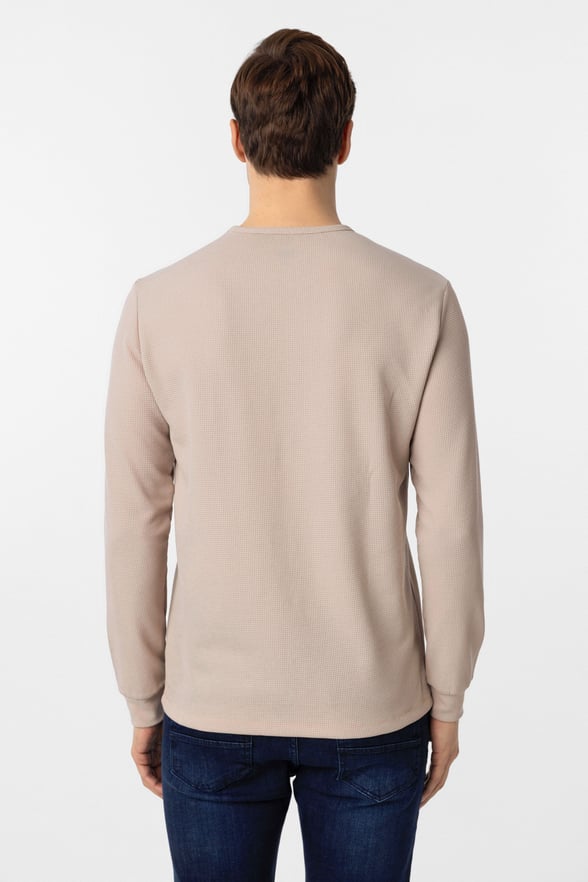 Ekru Slim Fit Armürlü Bisiklet Yaka Sweatshirt