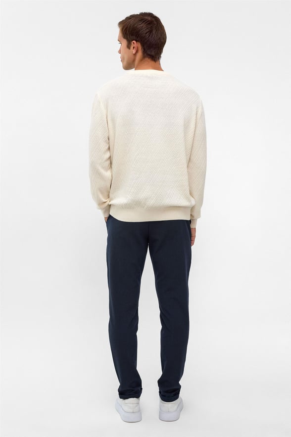 Ekru Slim Fit Armürlü Bisiklet Yaka Triko Kazak