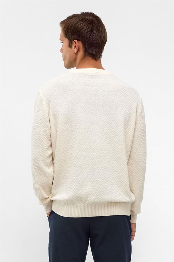 Ekru Slim Fit Armürlü Bisiklet Yaka Triko Kazak