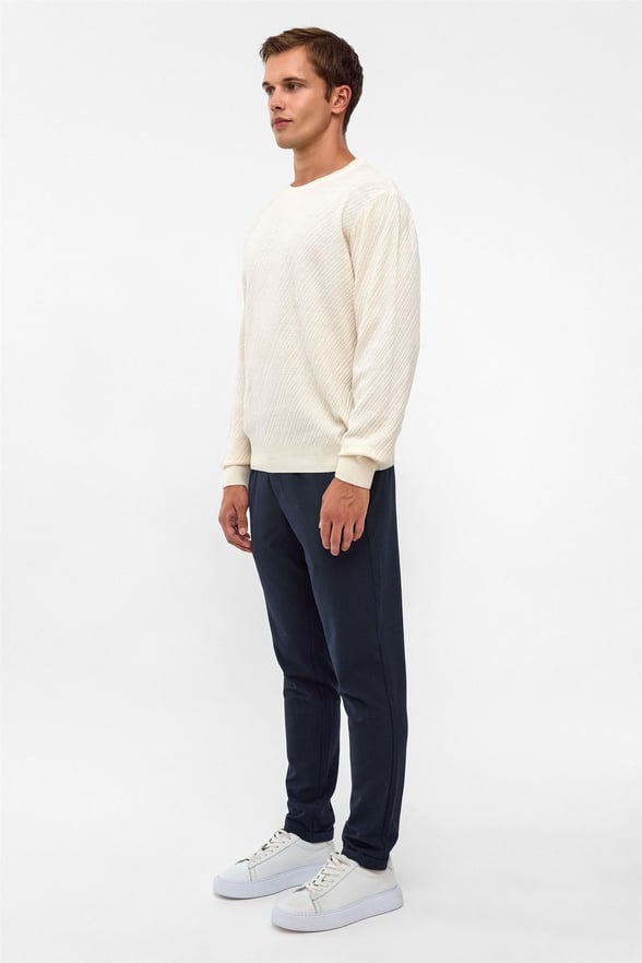 Ekru Slim Fit Armürlü Bisiklet Yaka Triko Kazak