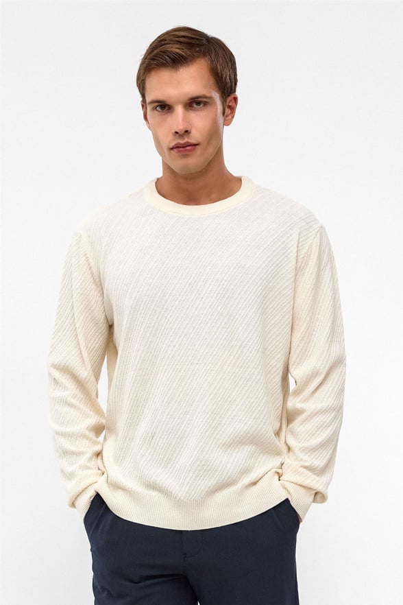 Ekru Slim Fit Armürlü Bisiklet Yaka Triko Kazak