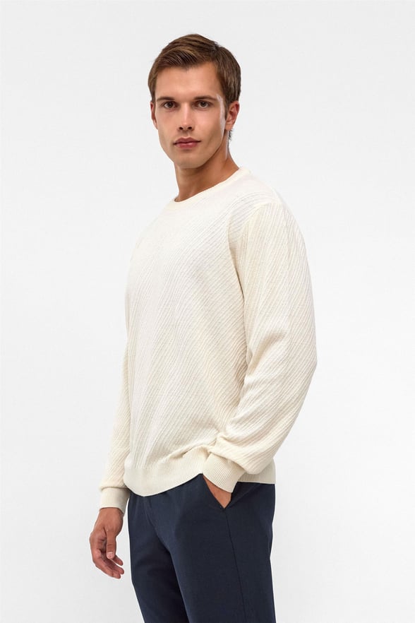 Ekru Slim Fit Armürlü Bisiklet Yaka Triko Kazak