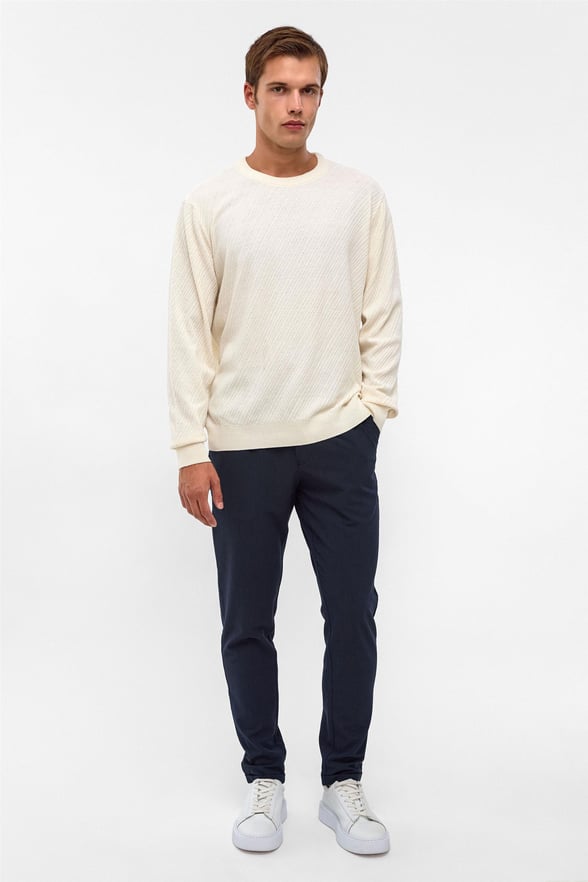Ekru Slim Fit Armürlü Bisiklet Yaka Triko Kazak
