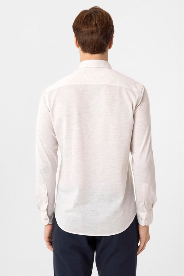Ekru Slim Fit Armürlü Düğmeli Yaka Gömlek